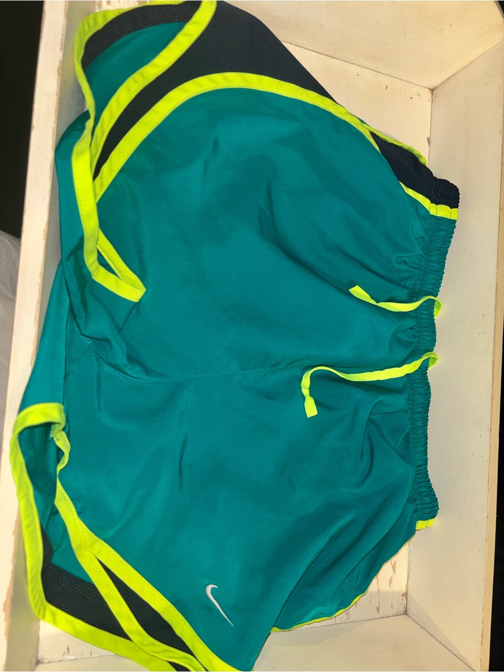 Nike Teal Athletic Shorts with Neon Yellow Trim